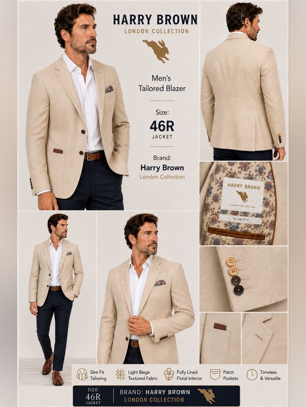 Harry Brown London Collection Men's Tailored Blazer in Light Beige
